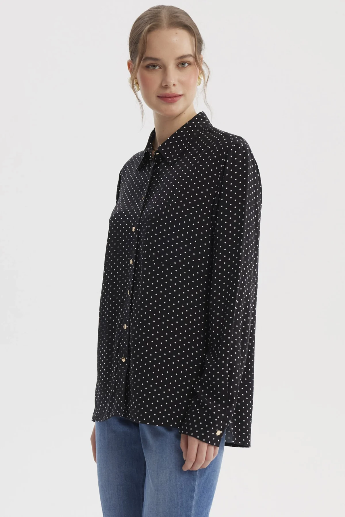 Blusa Mujer Abotonada Lisa Negro / Blanco - Image 2