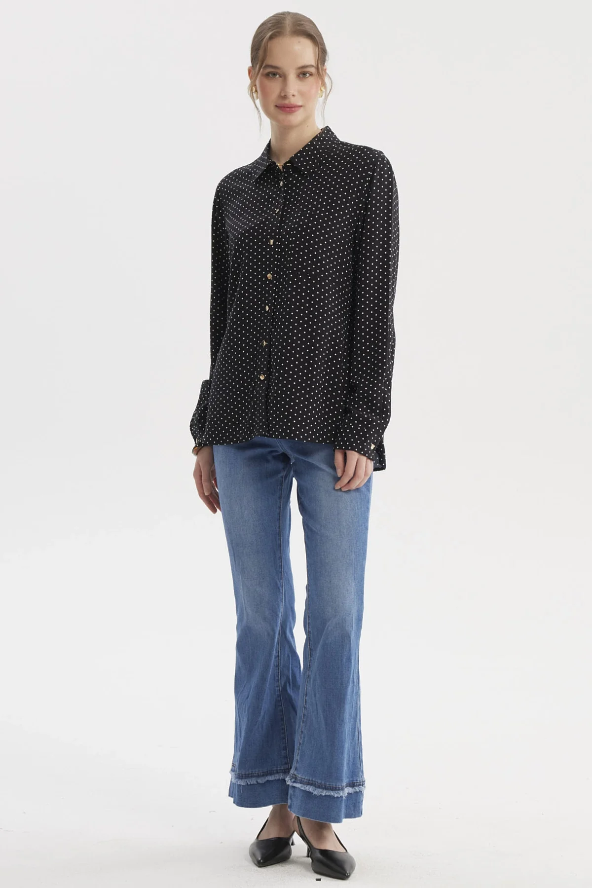 Blusa Mujer Abotonada Lisa Negro / Blanco - Image 4