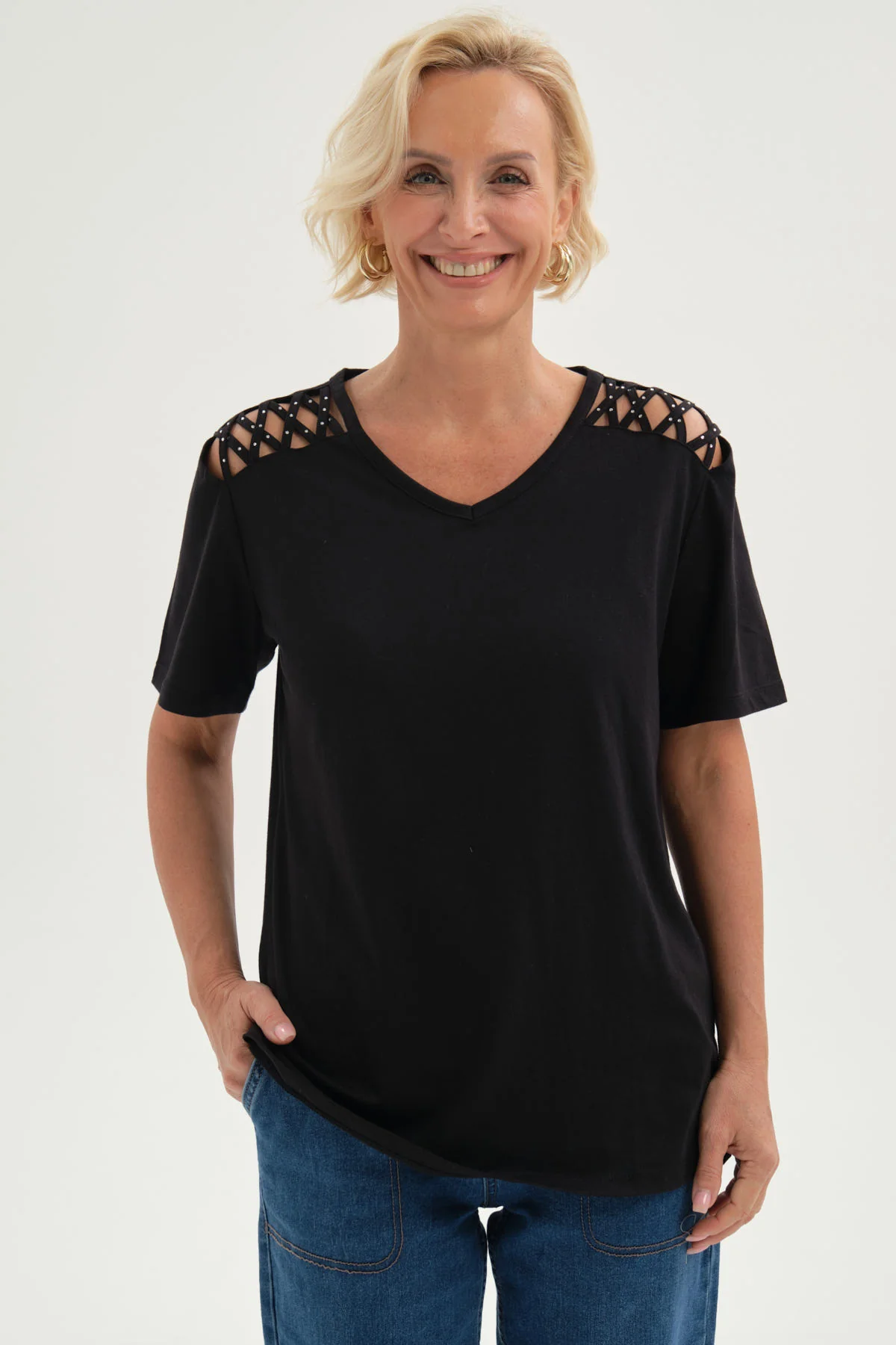 Polera Mujer Detalle Hombro Negro
