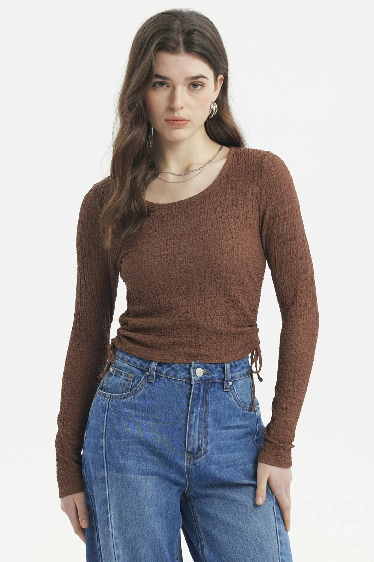 Polera Mujer Jacquard Recogido Café