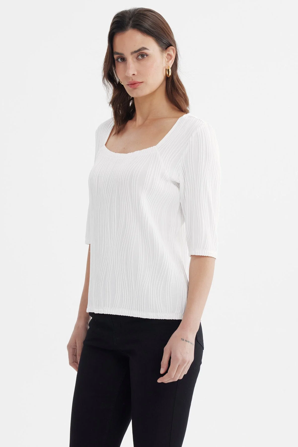 Polera Mujer Manga Al Codo Texturizada Crudo