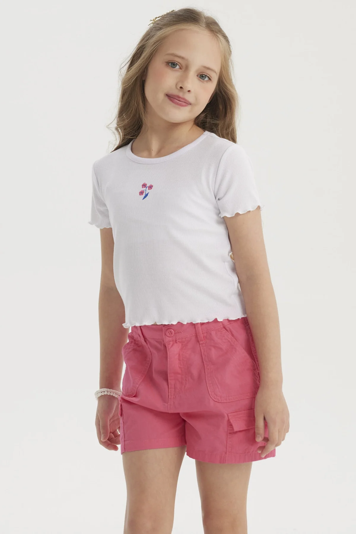 Polera Niña Rib Print Bordado Blanco