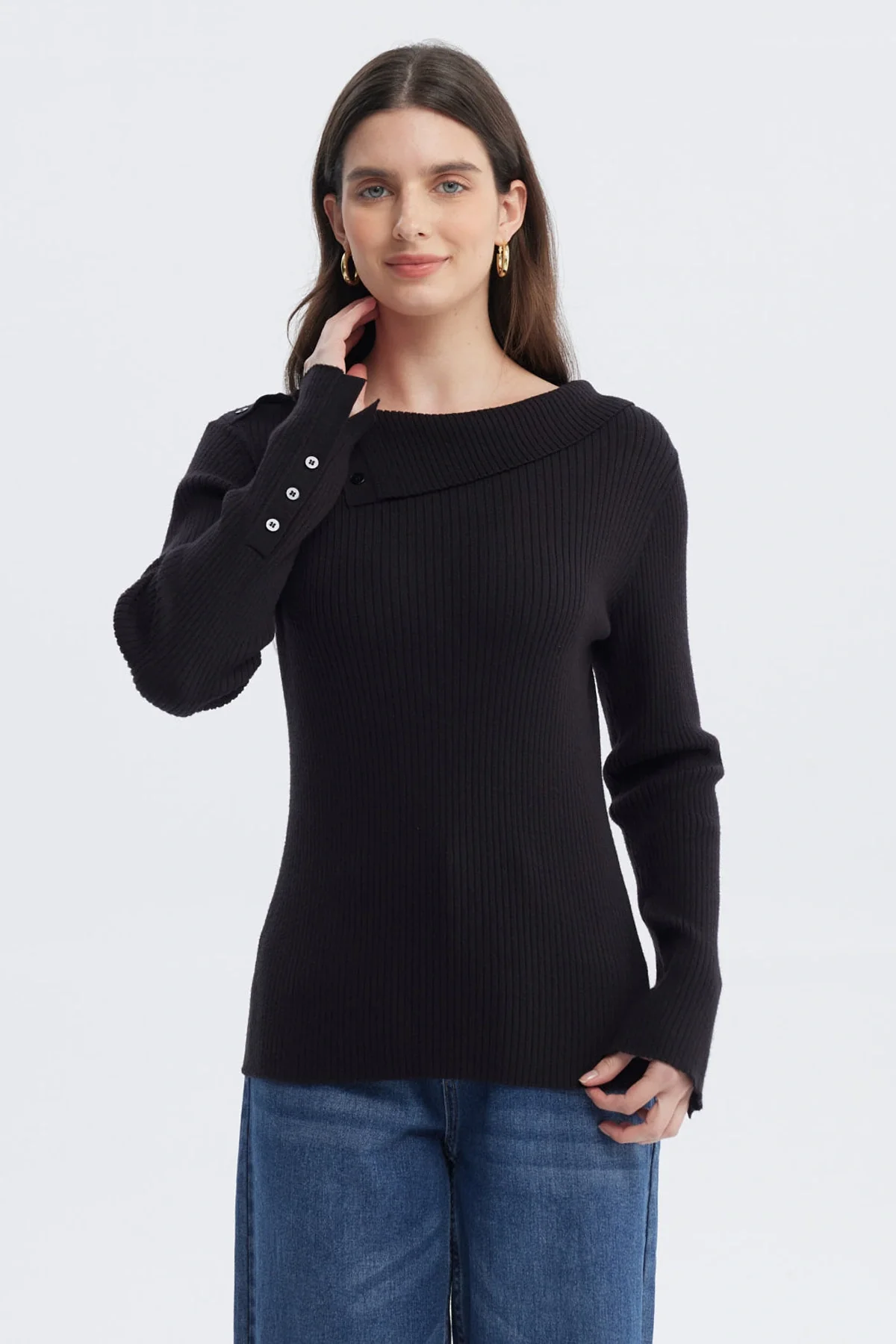 Sweater Mujer Asimétrico Botones Negro