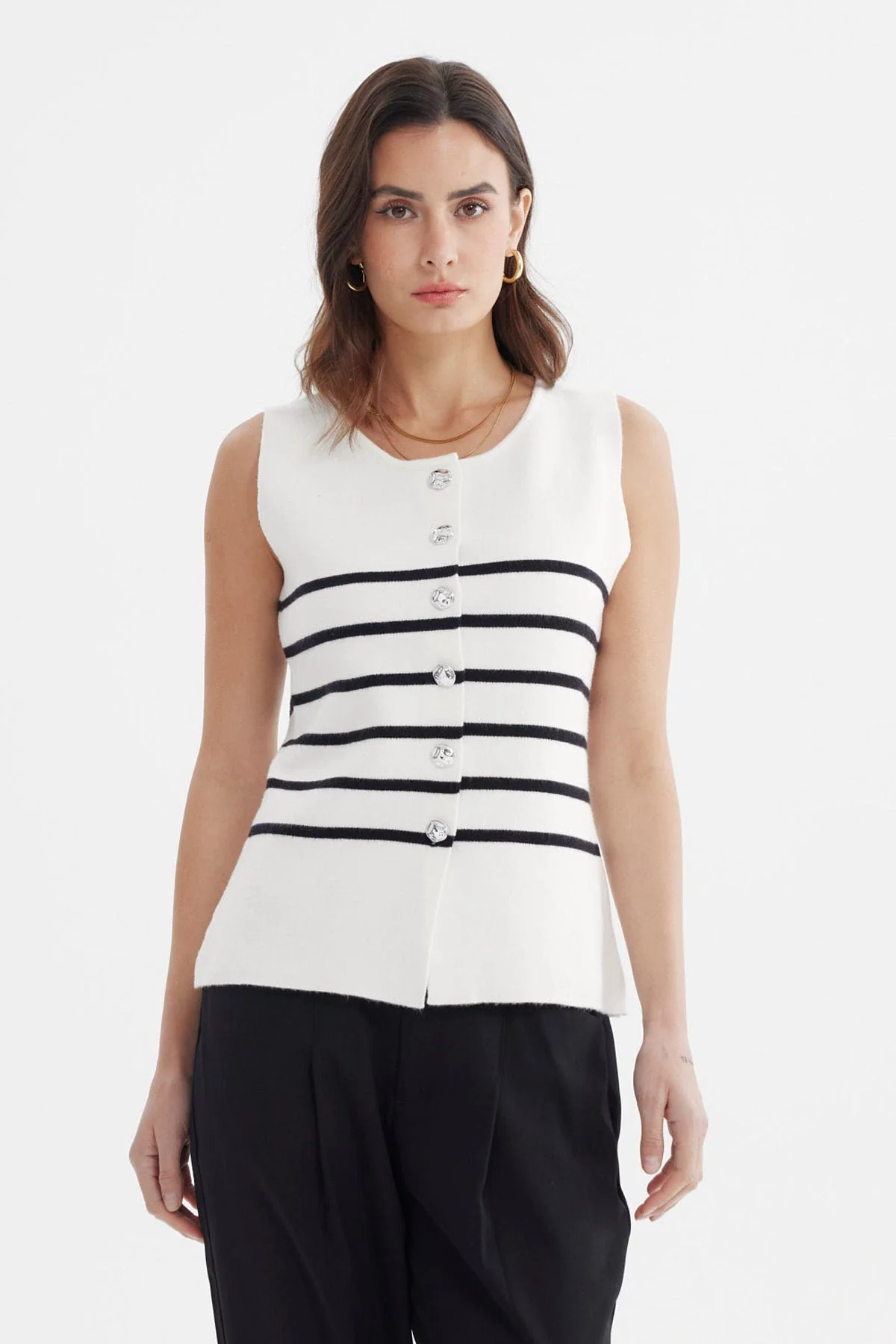 Sweater Mujer Rayado Aplicación Crudo